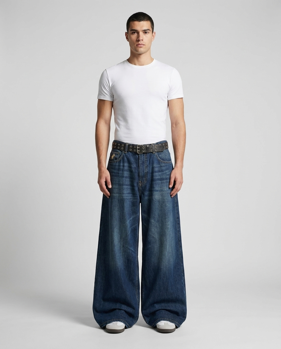 Boulevard Embroidered Jeans Dark Halo on model — mega baggy fit covering sneakers