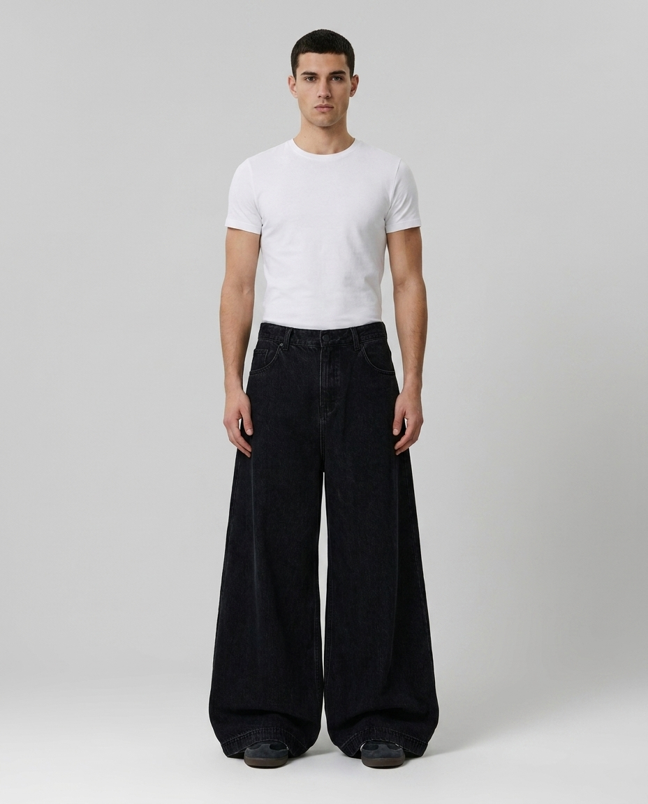 Cooper Jeans Horseshoe on model — mega baggy fit covering sneakers