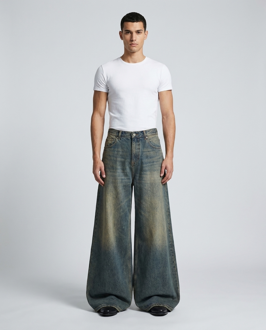 Slack Jeans Old Port on model — mega baggy fit covering sneakers
