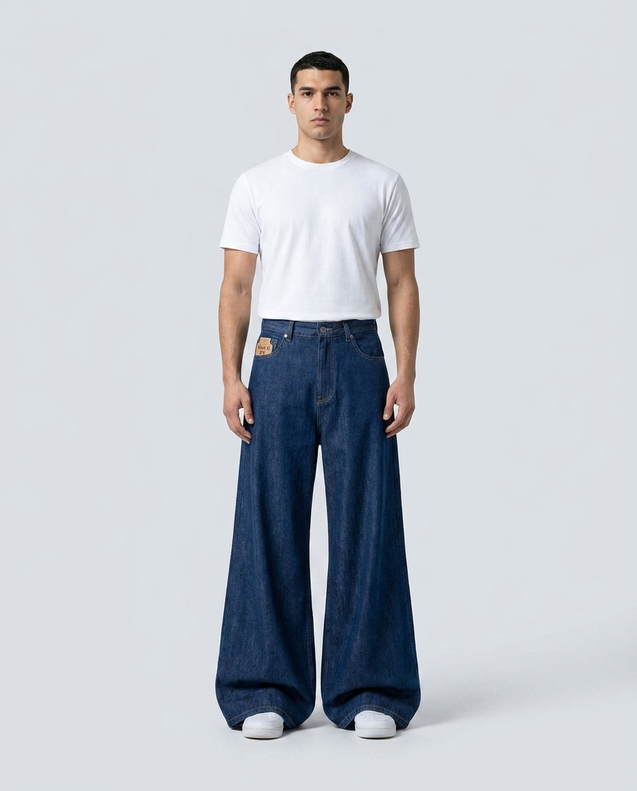 Easy Jeans Breeze Blue on model — mega baggy fit covering sneakers