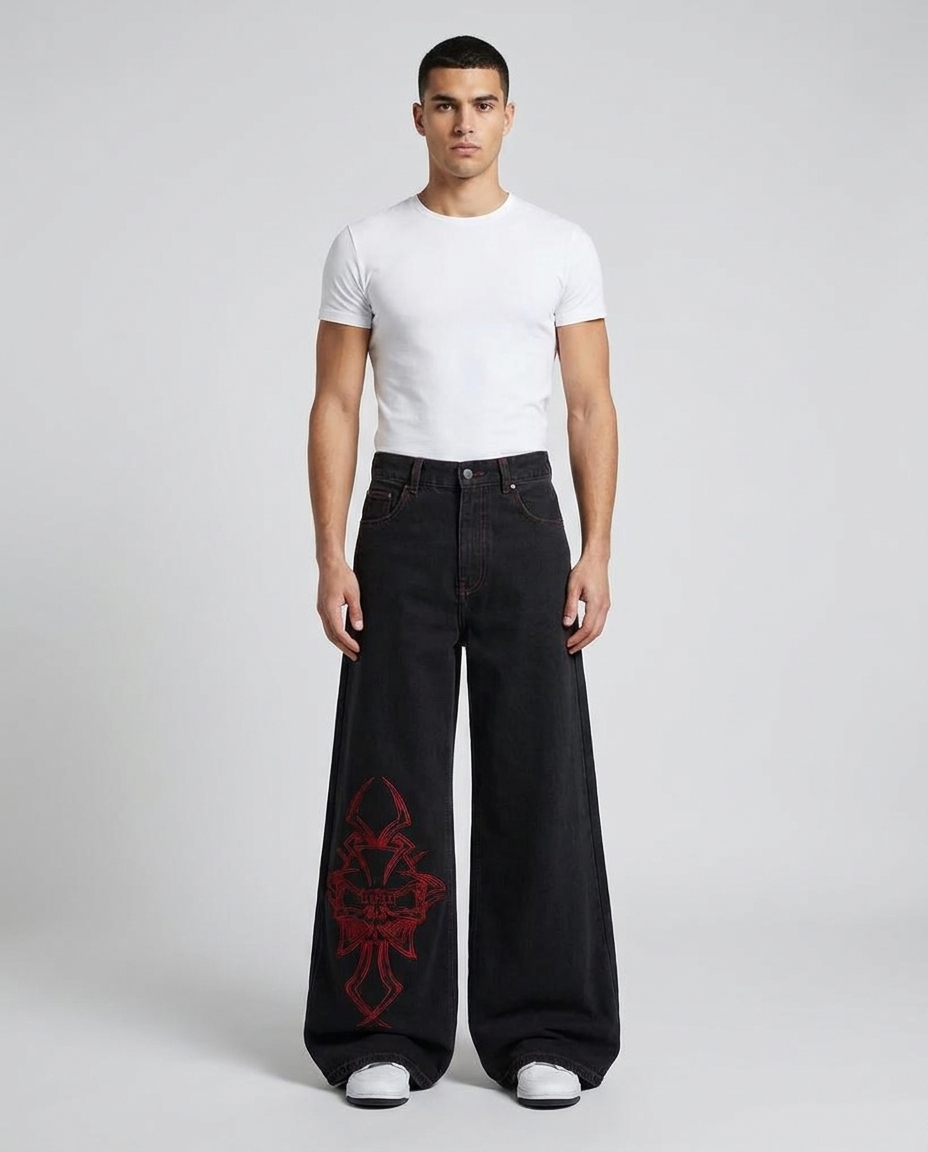 Session Embroidered Jeans Skull Ash on model — mega baggy fit covering sneakers
