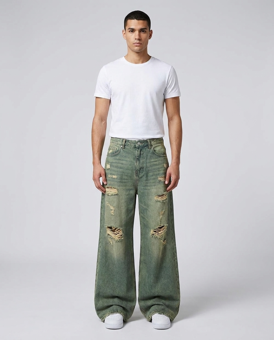 Slack Ripped Jeans Open Air on model — mega baggy fit covering sneakers