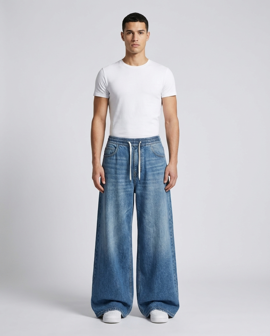 Easy Jeans Weekend Fade on model — mega baggy fit covering sneakers