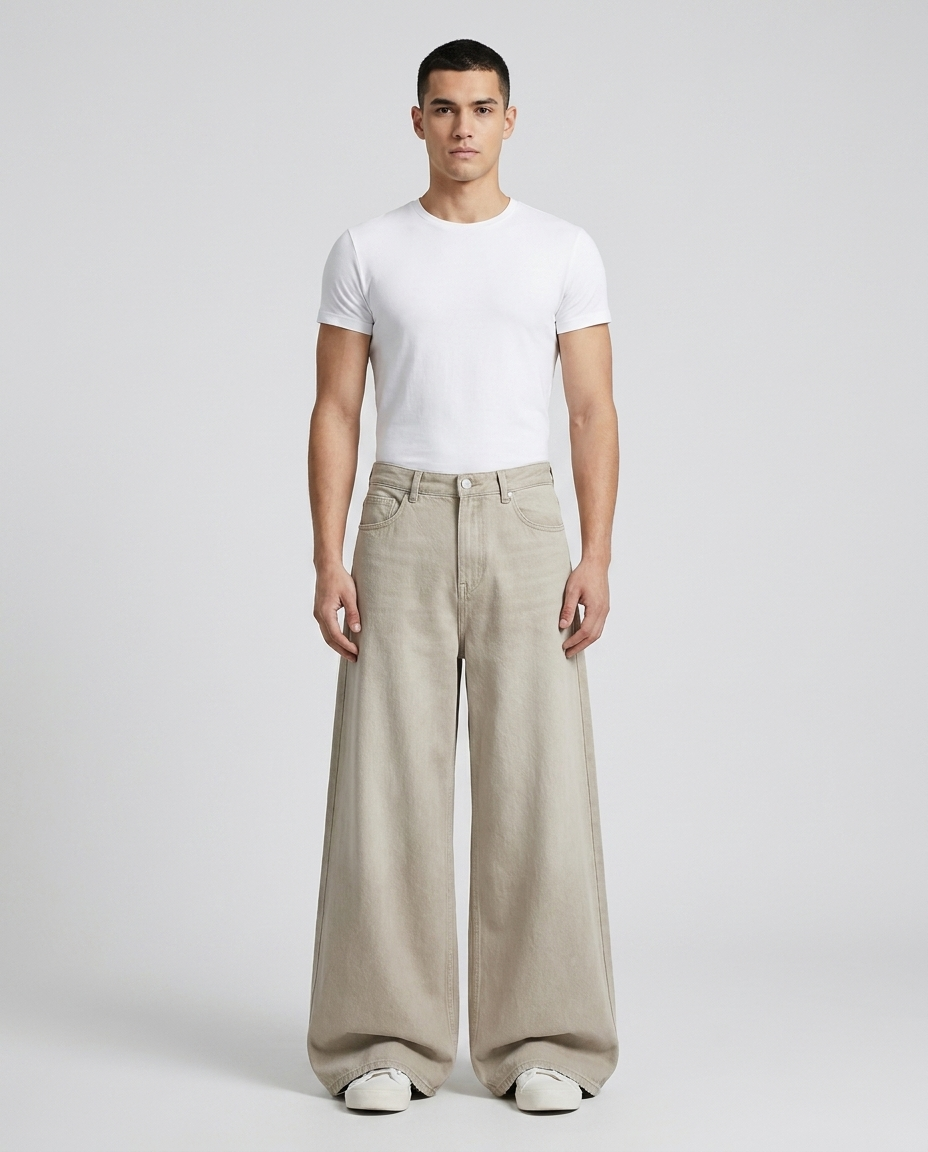 Easy Jeans Raw Hem Fade on model — mega baggy fit covering sneakers