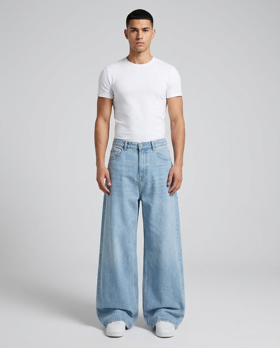 Maxout Jeans Blank Fade on model — mega baggy fit covering sneakers