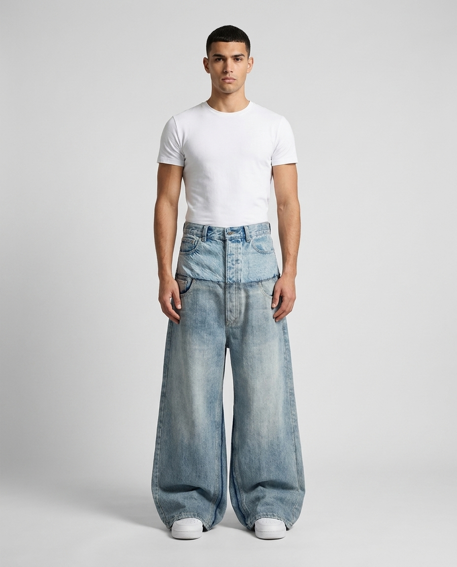 Easy Jeans Layered Patch on model — mega baggy fit covering sneakers