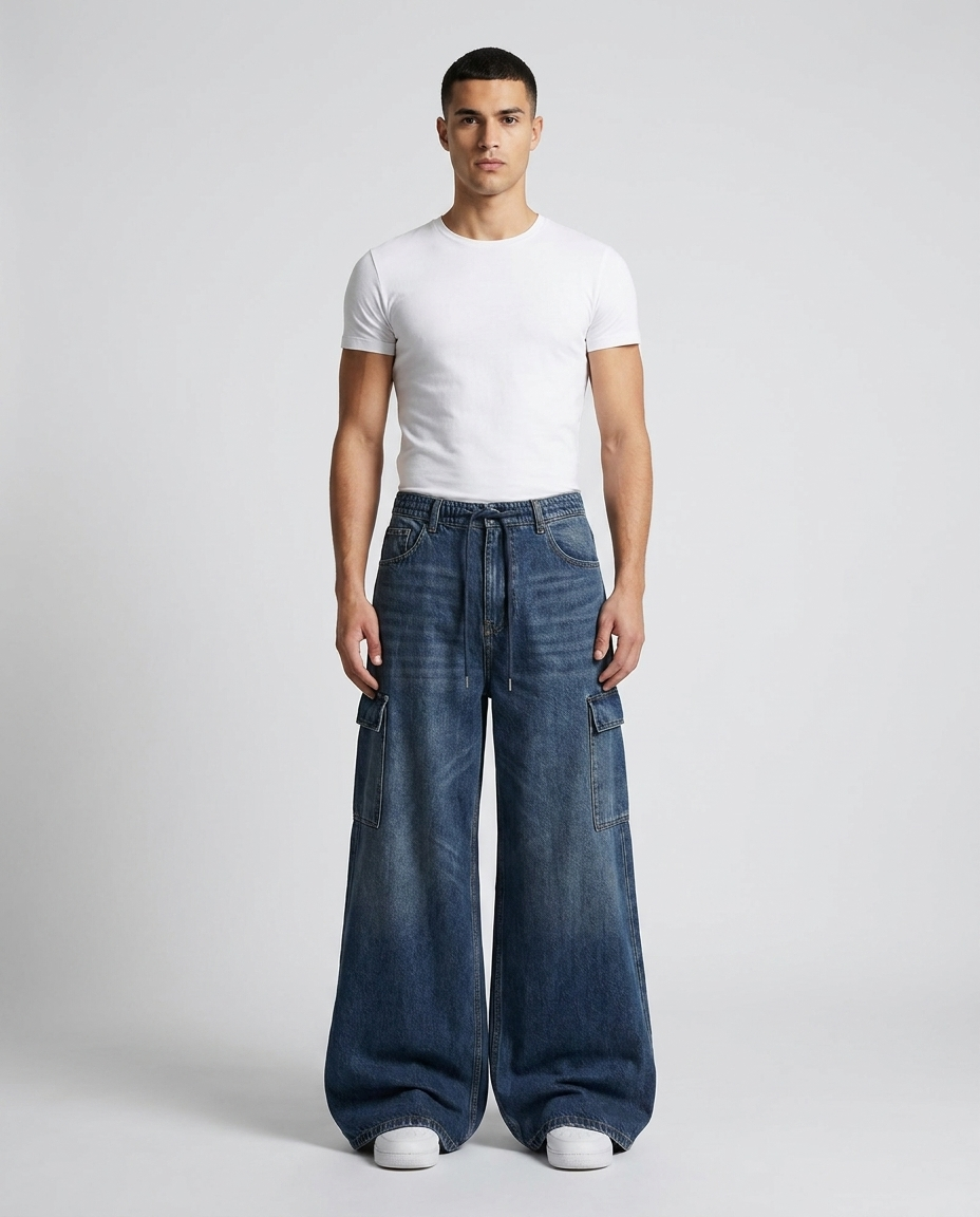 Easy Cargo Jeans Nightfall on model — mega baggy fit covering sneakers
