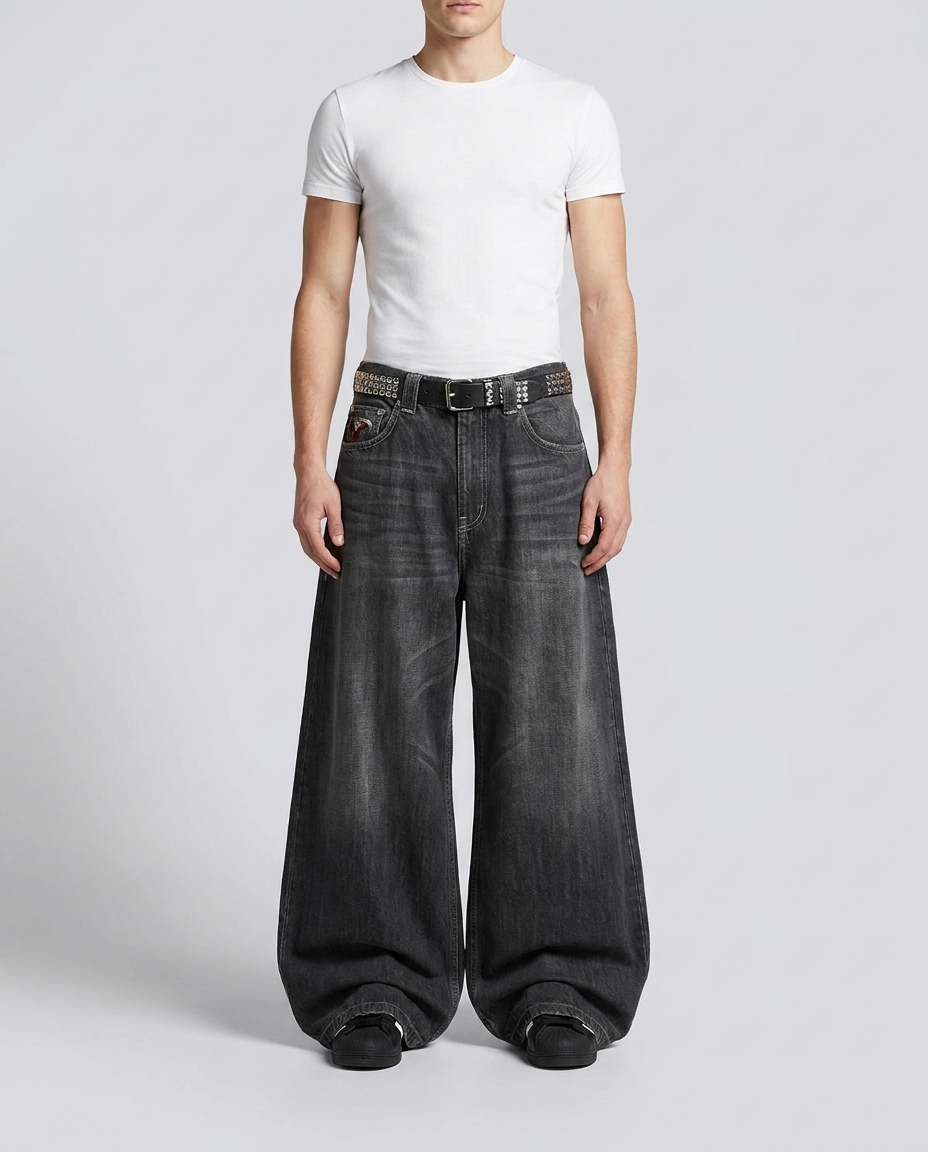 Maxout Embroidered Jeans Fossil Fade on model — mega baggy fit covering sneakers
