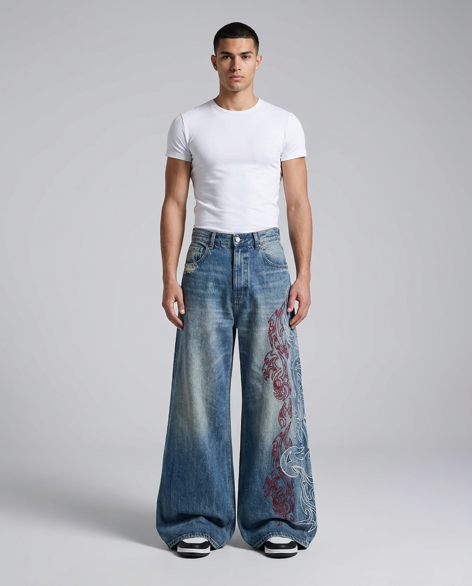 Slack Embroidered Jeans Wildfire Fade on model — mega baggy fit covering sneakers