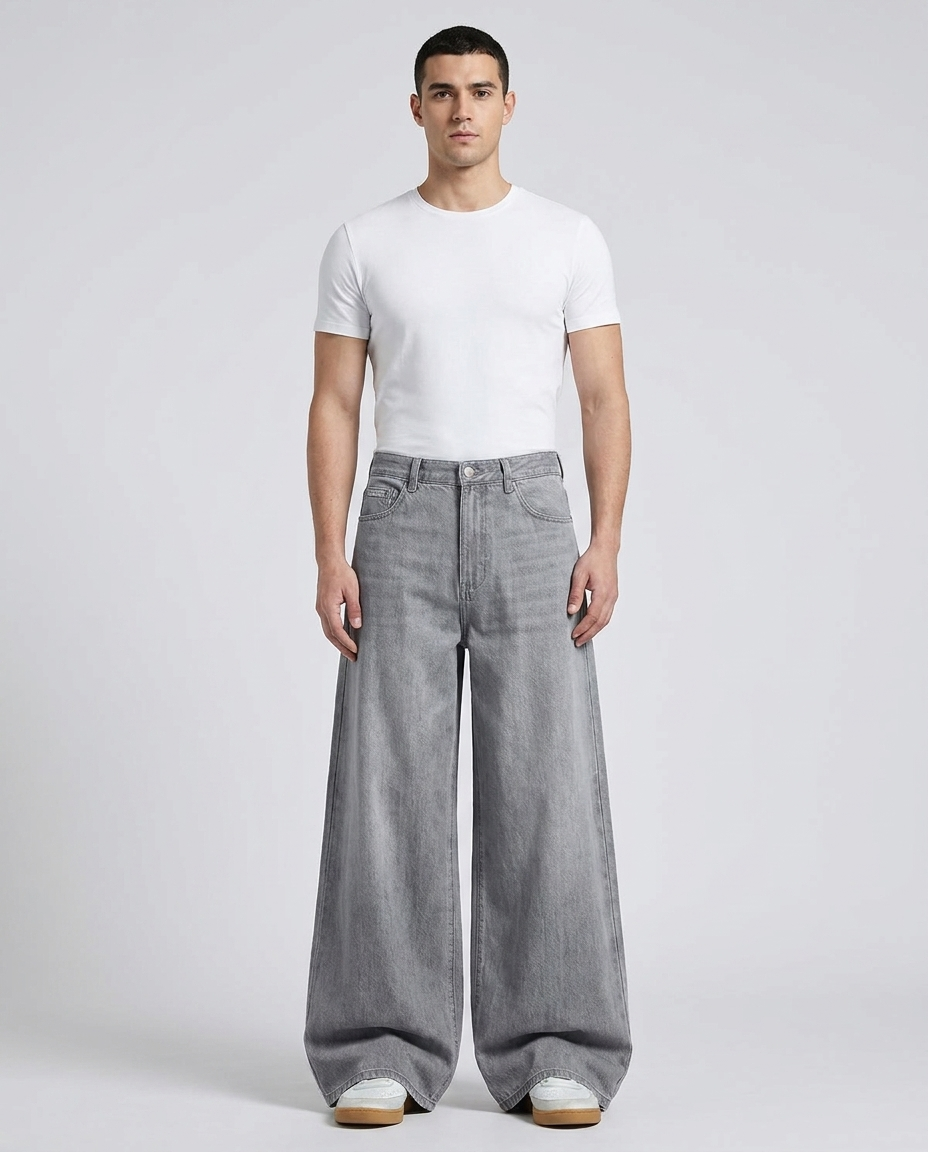 Easy Jeans Summer Slate on model — mega baggy fit covering sneakers