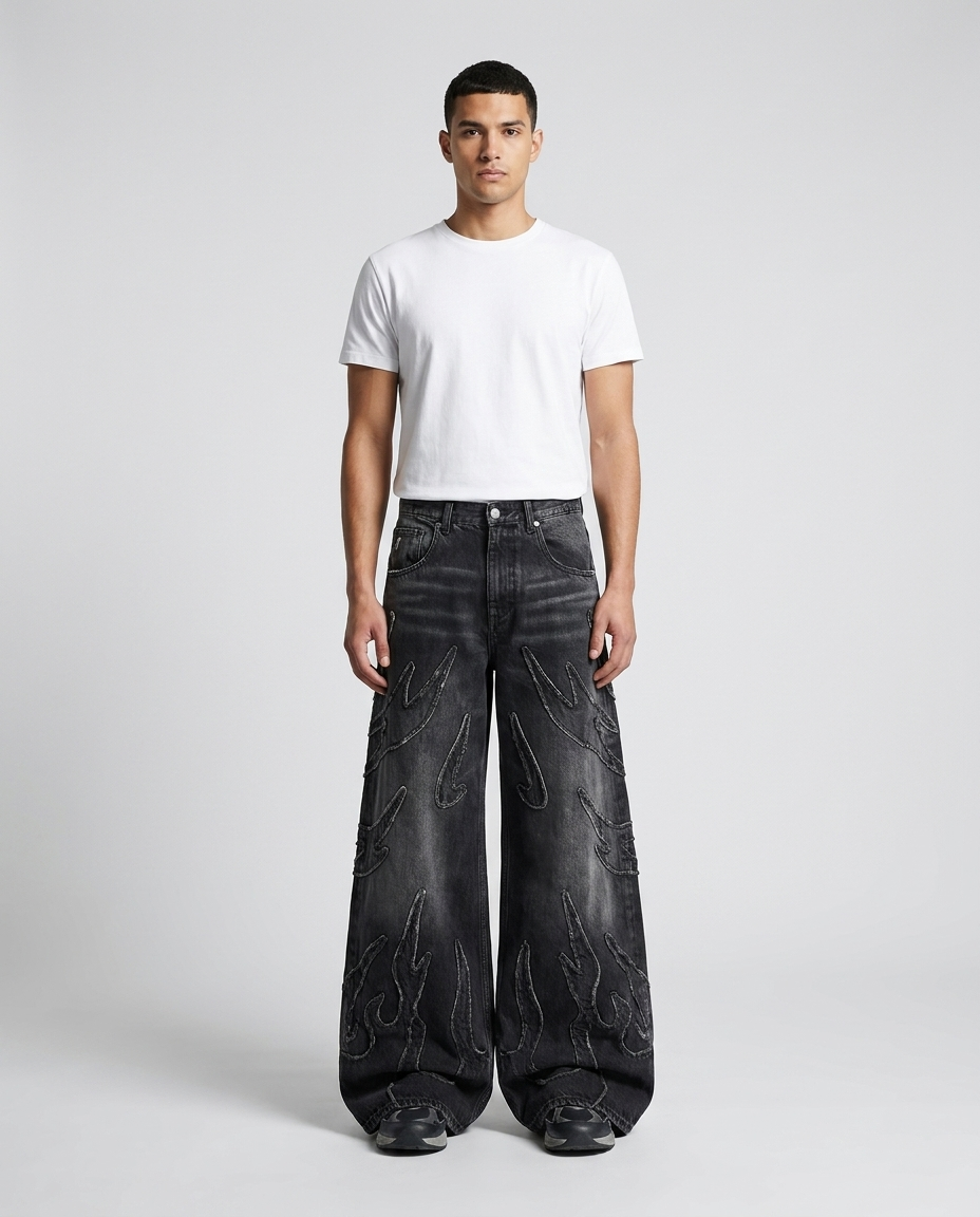 Session Embroidered Jeans Marker Fade on model — mega baggy fit covering sneakers