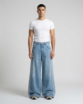 Session Jeans Night Stripe on model — mega baggy fit covering sneakers