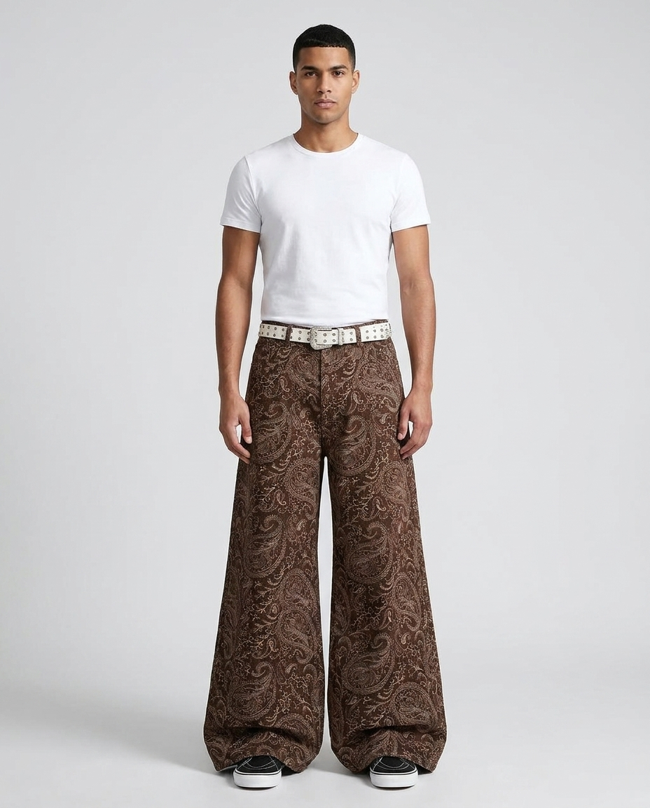 Slack Jeans Paisley Dusk on model — mega baggy fit covering sneakers