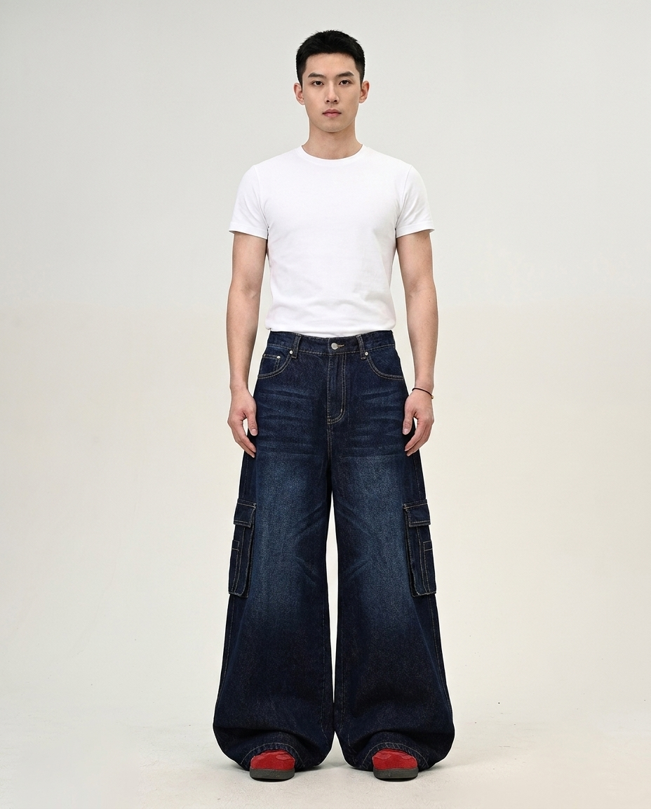 Foreman Jeans Switchback on model — mega baggy fit covering sneakers