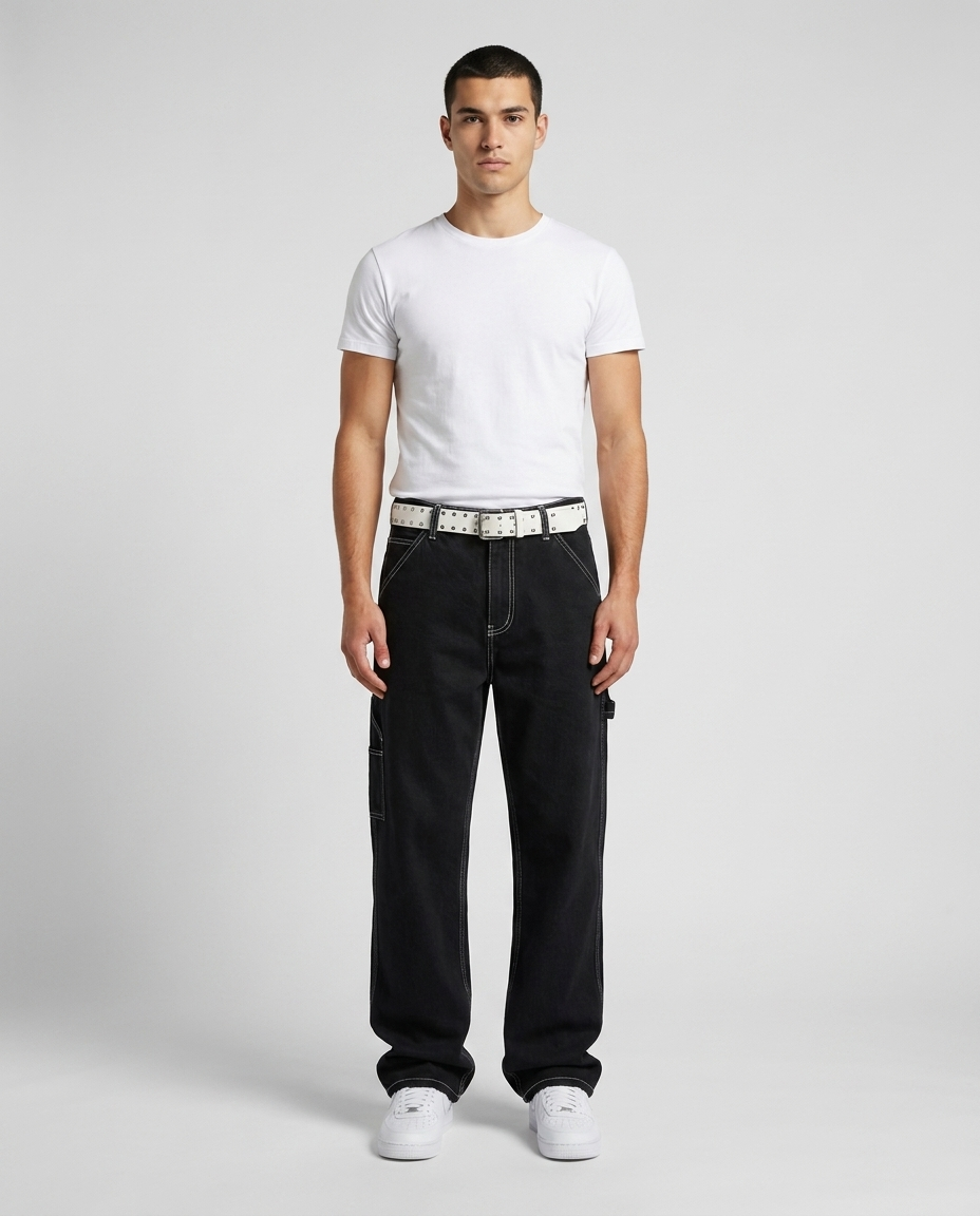 Foreman Jeans Anvil Black on model — classic straight fit
