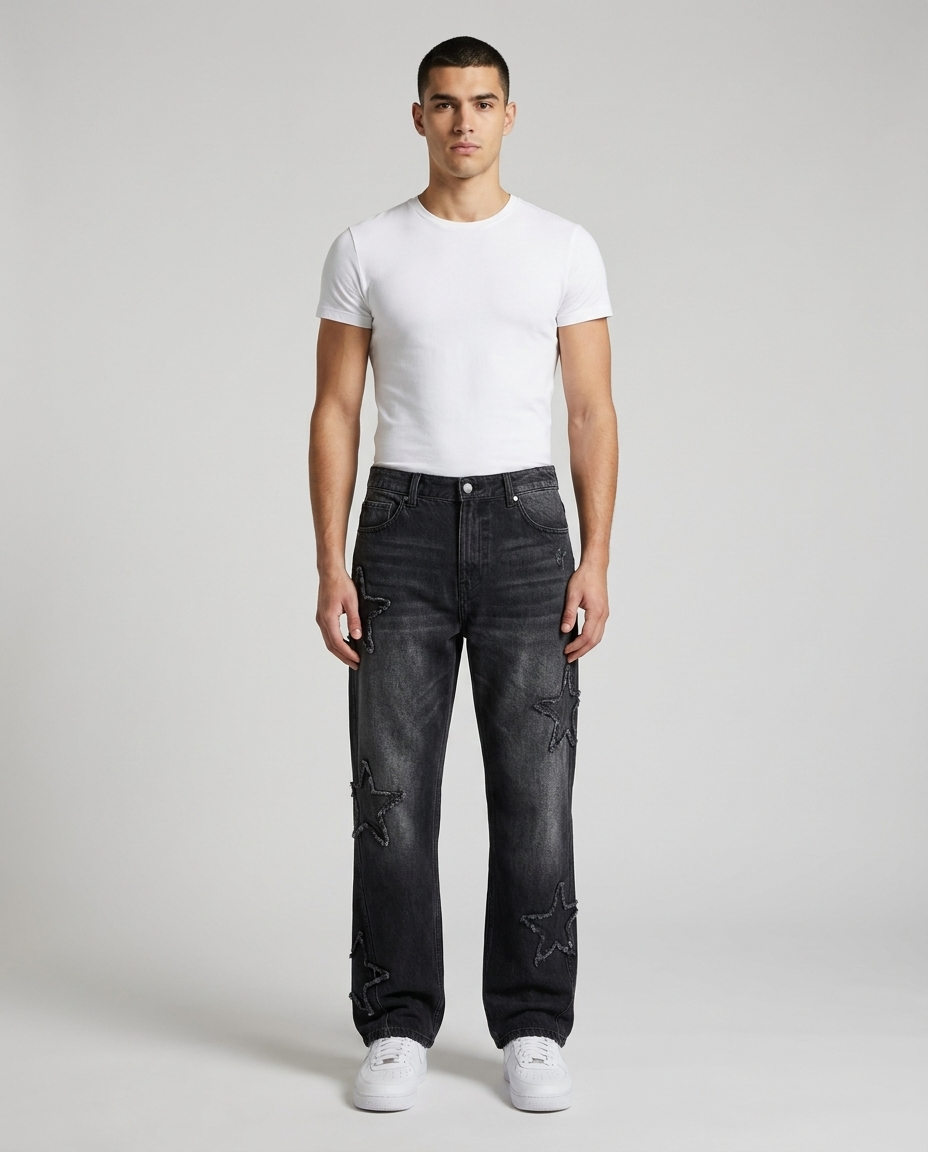 Easy Embroidered Jeans Desert Star on model — classic straight fit