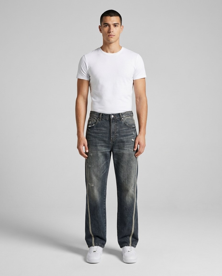 Easy Jeans Schoolyard Blue on model — classic straight fit