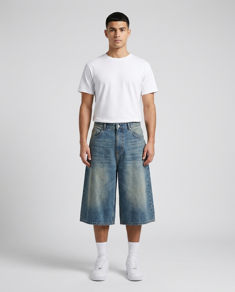Slack Denim Shorts Coast Fade on model — baggy wide-leg jorts