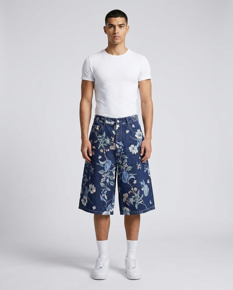 Boulevard Denim Shorts Bloom Fade on model — baggy wide-leg jorts