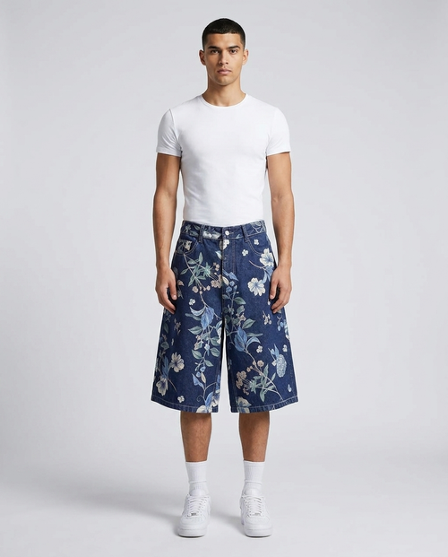 Boulevard Denim Shorts Bloom Fade on model — baggy wide-leg jorts