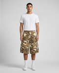 Slack Cargo Denim Shorts Desert Camo on model — baggy wide-leg jorts
