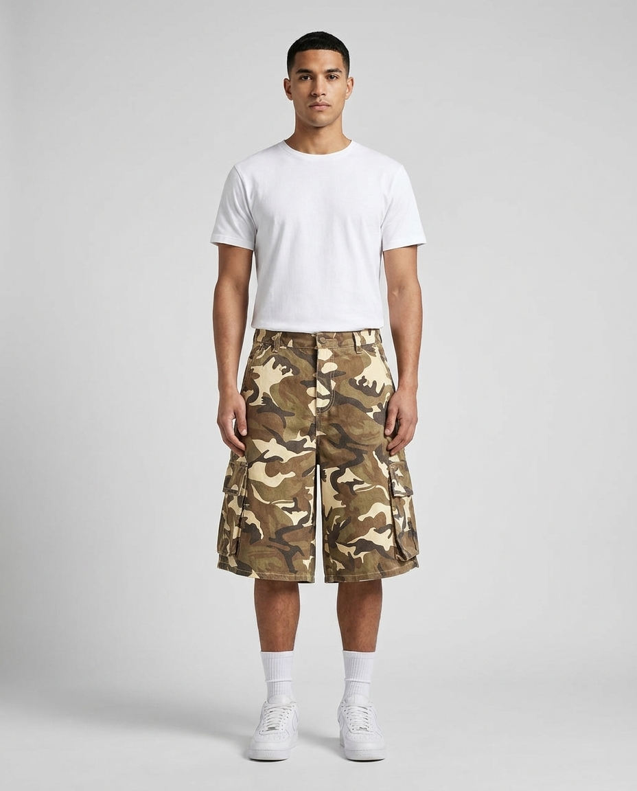 Slack Cargo Denim Shorts Desert Camo on model — baggy wide-leg jorts