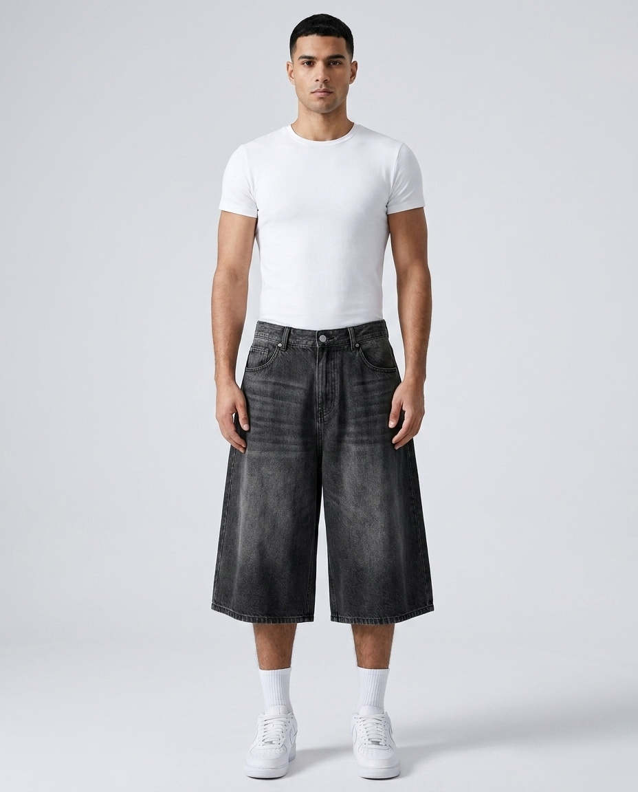 Big Easy Denim Shorts Vintage Black on model — baggy wide-leg jorts