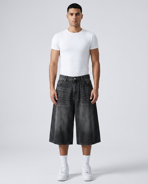 Big Easy Denim Shorts Vintage Black on model — baggy wide-leg jorts