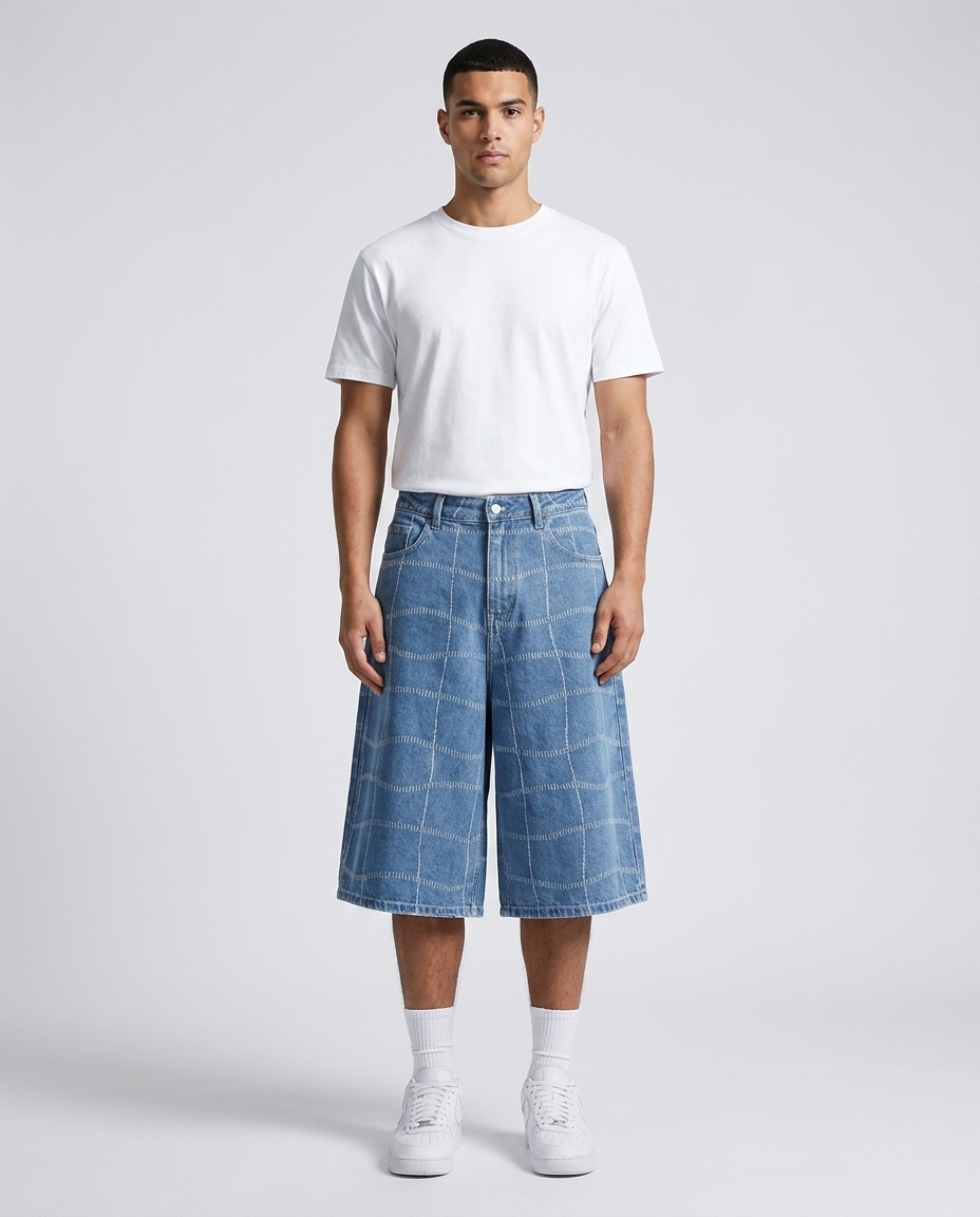 Boulevard Denim Shorts Vintage Weave on model — baggy wide-leg jorts