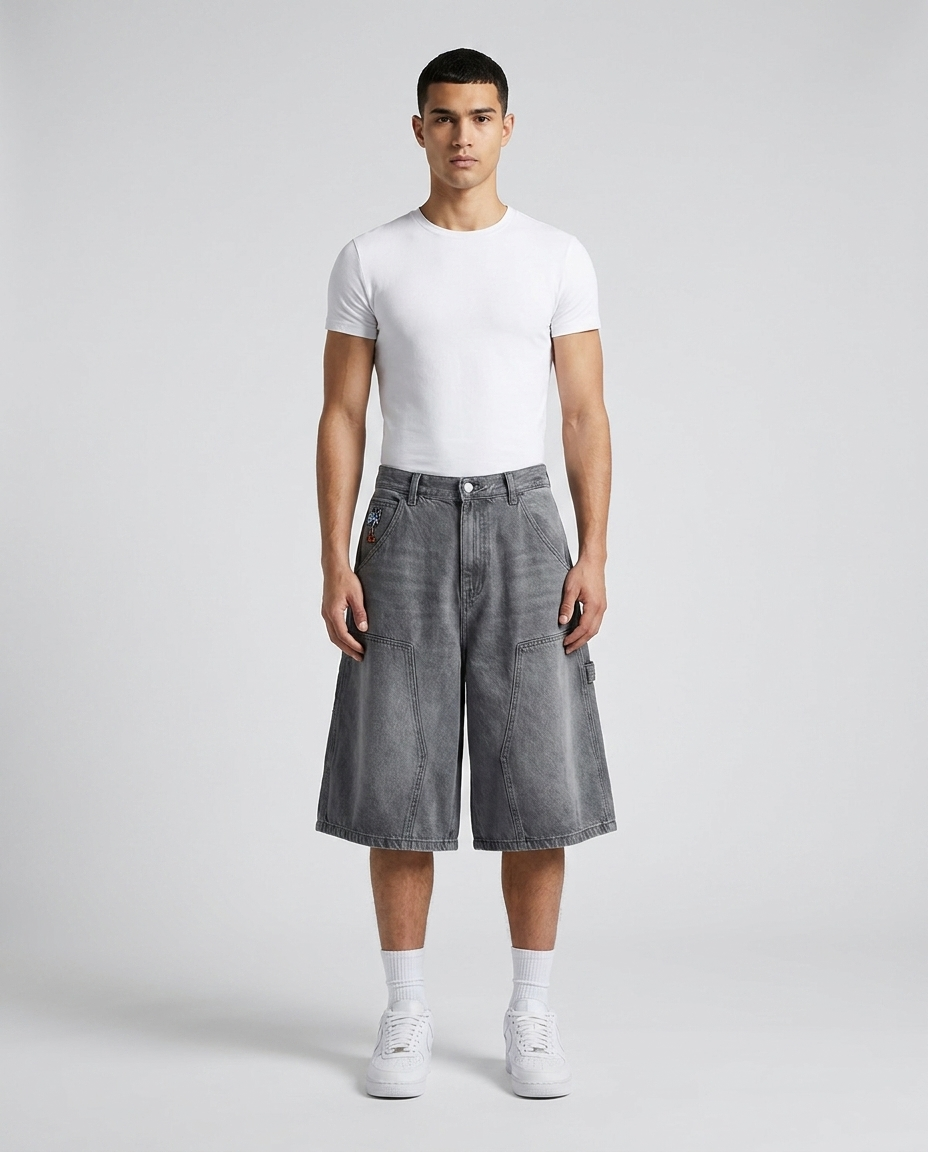 Maxout Carpenter Denim Shorts Trail Fade on model — baggy wide-leg jorts