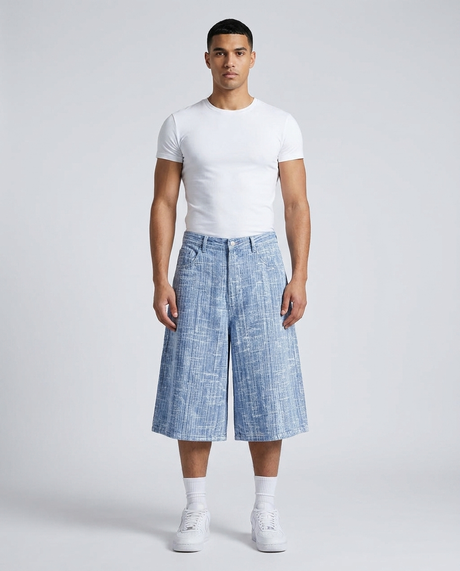 Easy Denim Shorts Sunfade on model — baggy wide-leg jorts