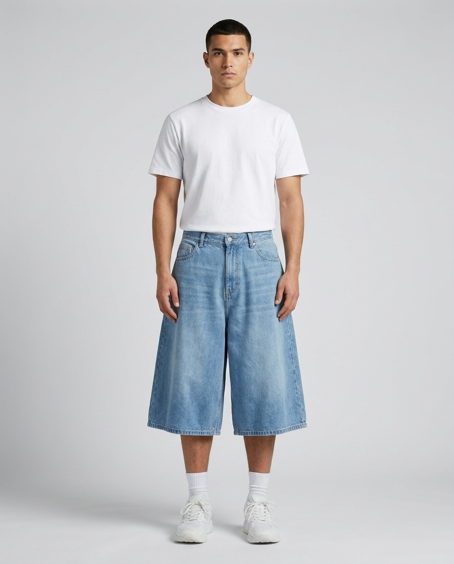 Maxout Denim Shorts Pool Blue on model — baggy wide-leg jorts
