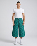 Slack Denim Shorts Board Green on model — baggy wide-leg jorts