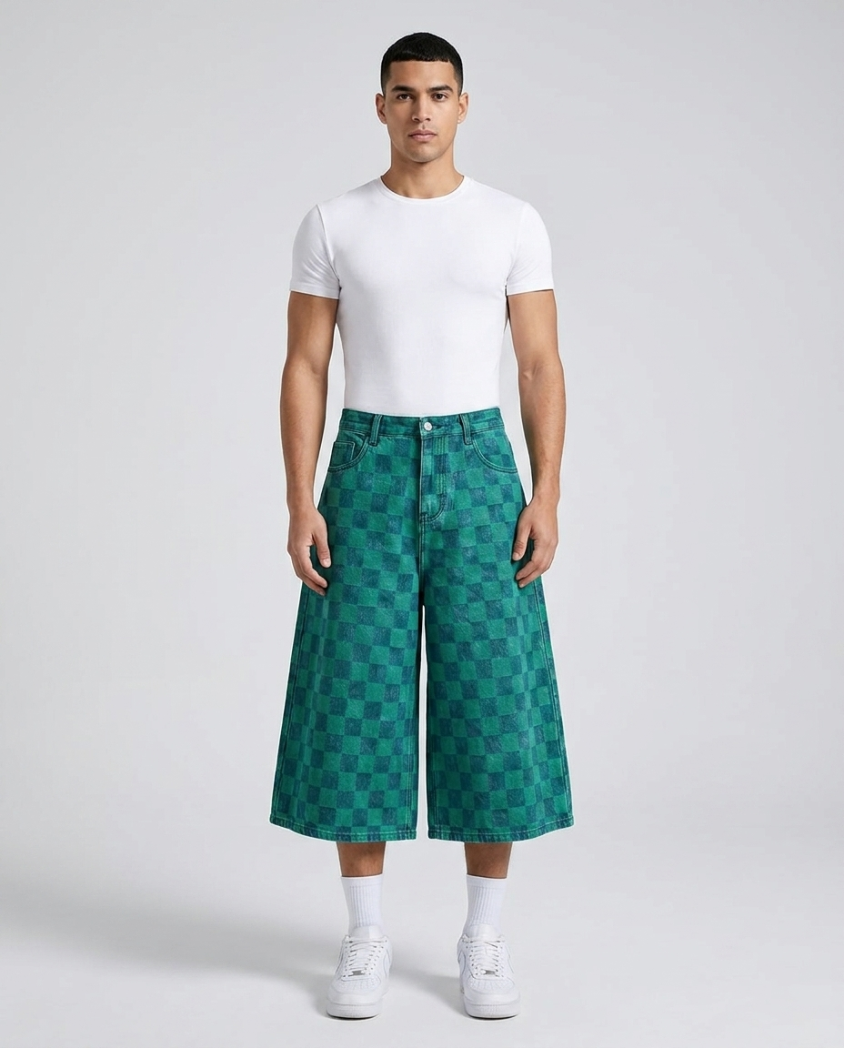 Slack Denim Shorts Board Green on model — baggy wide-leg jorts