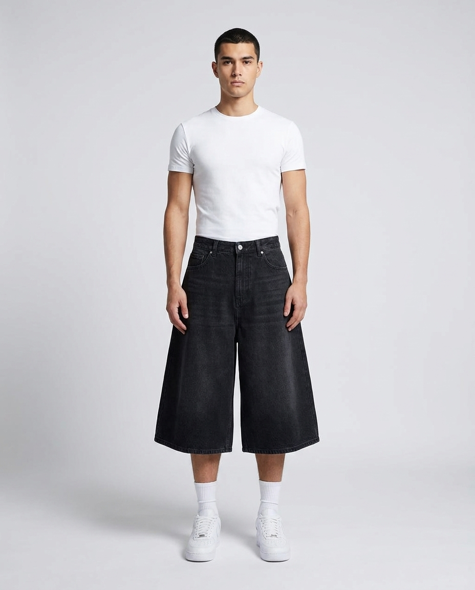 Cooper Denim Shorts Night Tide on model — baggy wide-leg jorts