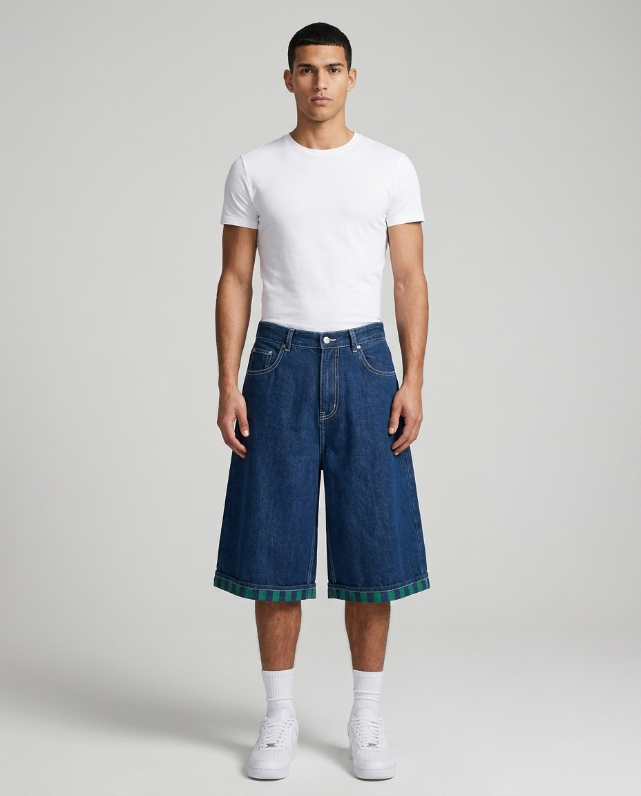 Big Easy Denim Shorts Plaid Cuff on model — baggy wide-leg jorts