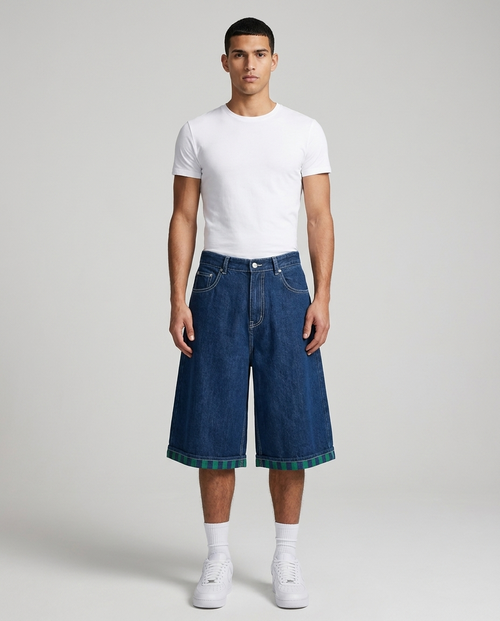 Big Easy Denim Shorts Plaid Cuff on model — baggy wide-leg jorts