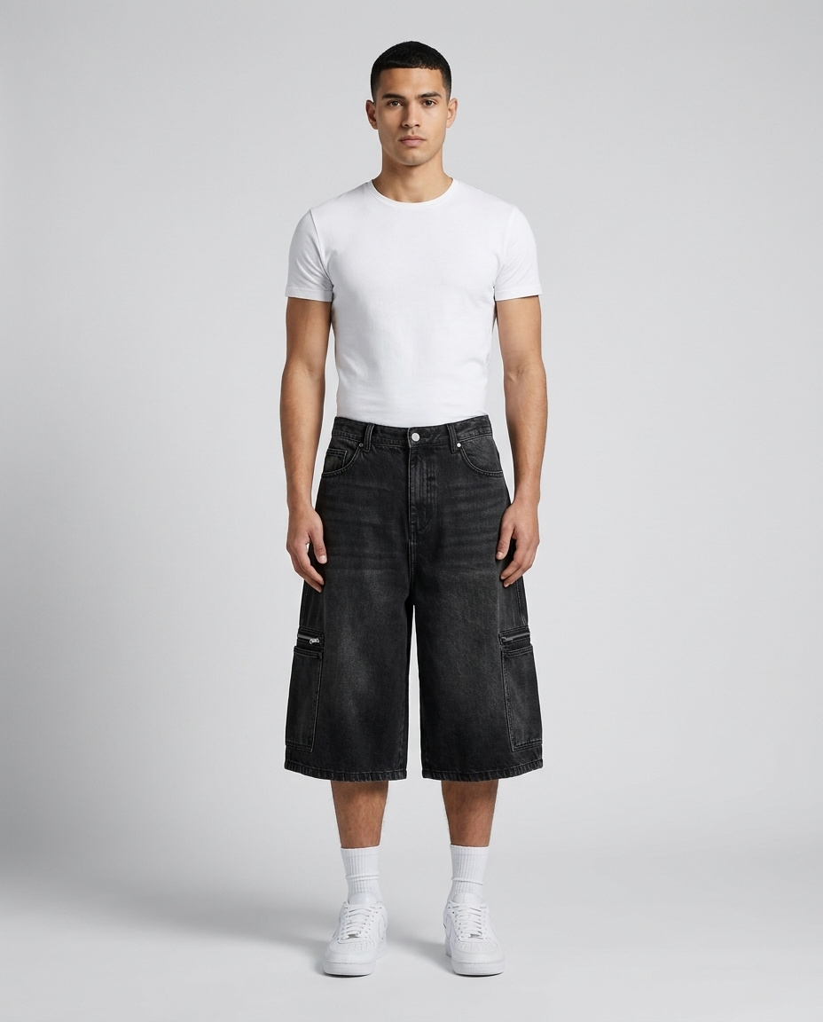 Maxout Cargo Denim Shorts Coal Fade on model — baggy wide-leg jorts
