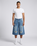 Big Easy Ripped Denim Shorts Shredded Sky on model — baggy wide-leg jorts