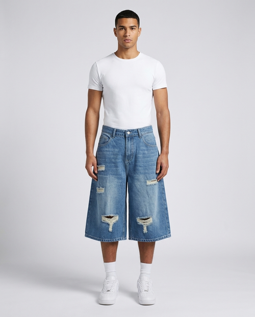 Big Easy Ripped Denim Shorts Shredded Sky on model — baggy wide-leg jorts