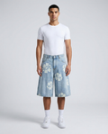 Boulevard Denim Shorts Aloha Bloom on model — baggy wide-leg jorts