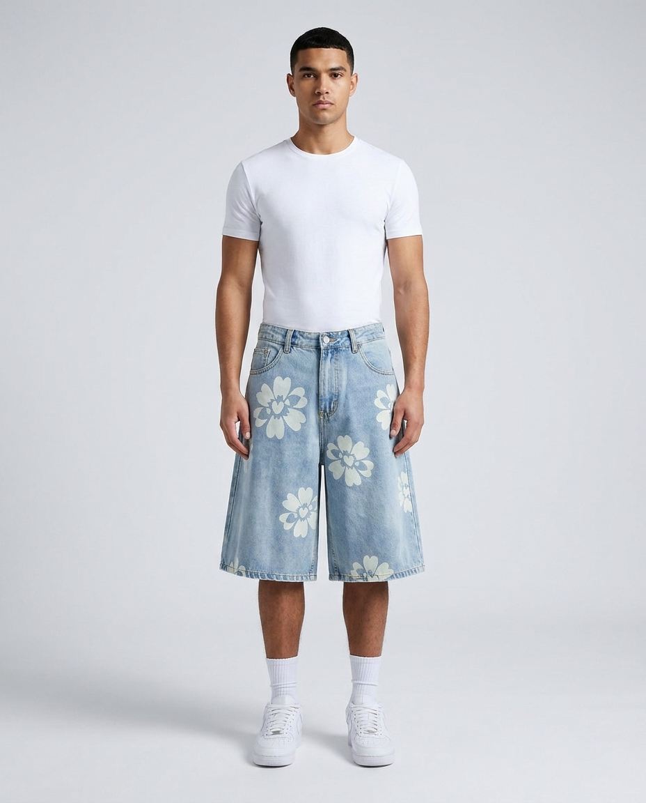 Boulevard Denim Shorts Aloha Bloom on model — baggy wide-leg jorts