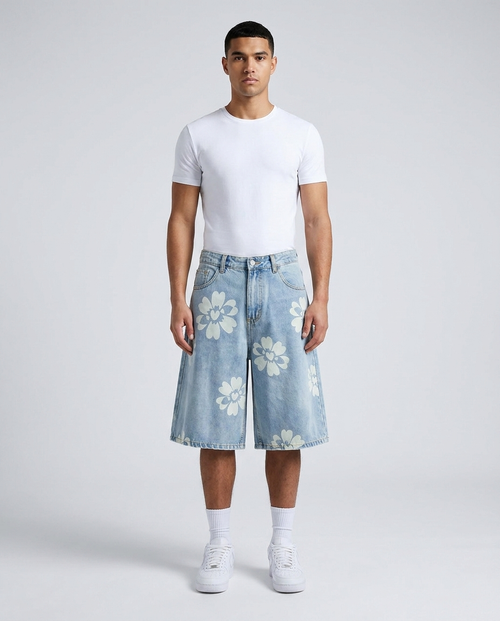 Boulevard Denim Shorts Aloha Bloom on model — baggy wide-leg jorts