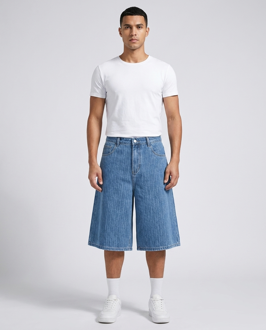 Slack Denim Shorts Awning Stripe on model — baggy wide-leg jorts