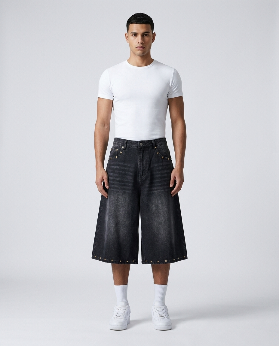 Boulevard Denim Shorts Rivet Night on model — baggy wide-leg jorts