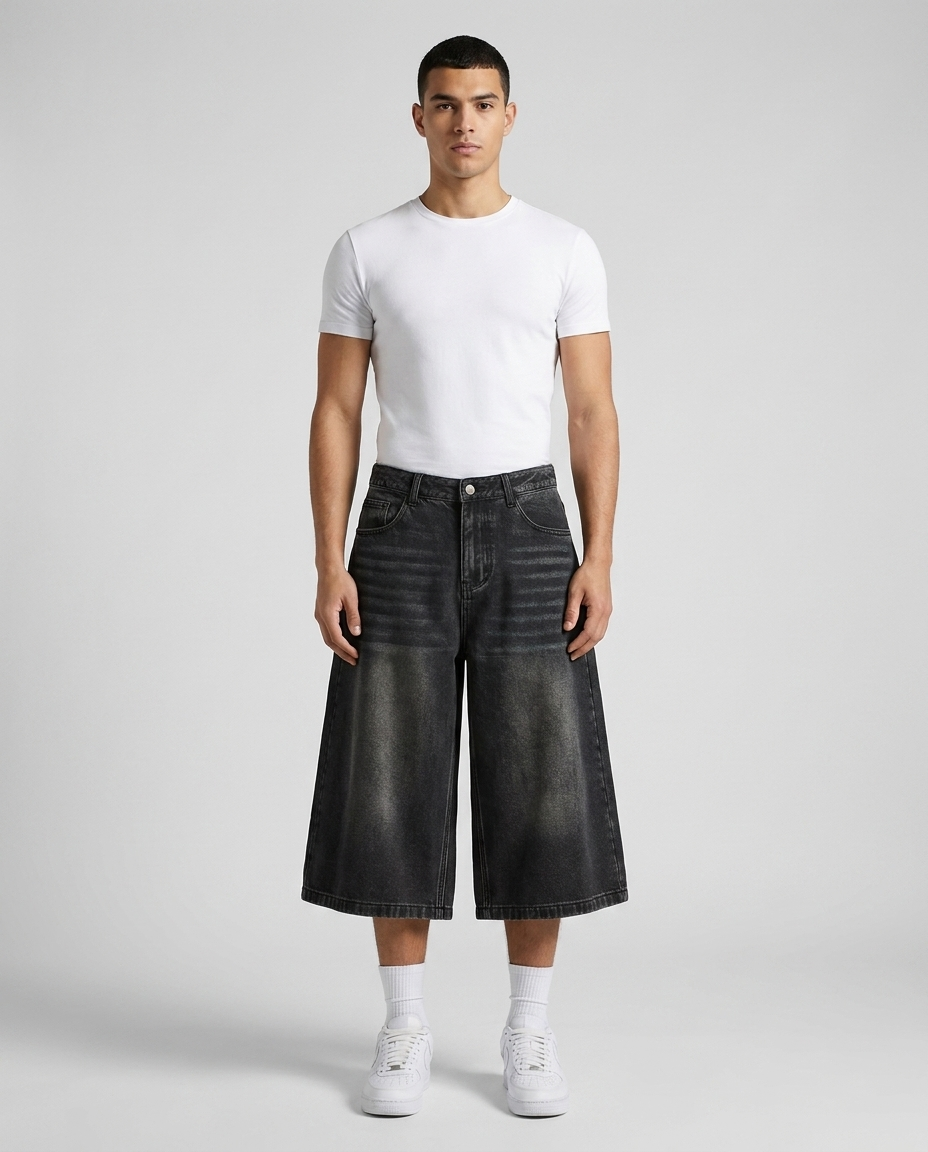 Maxout Denim Shorts Classic Black on model — baggy wide-leg jorts