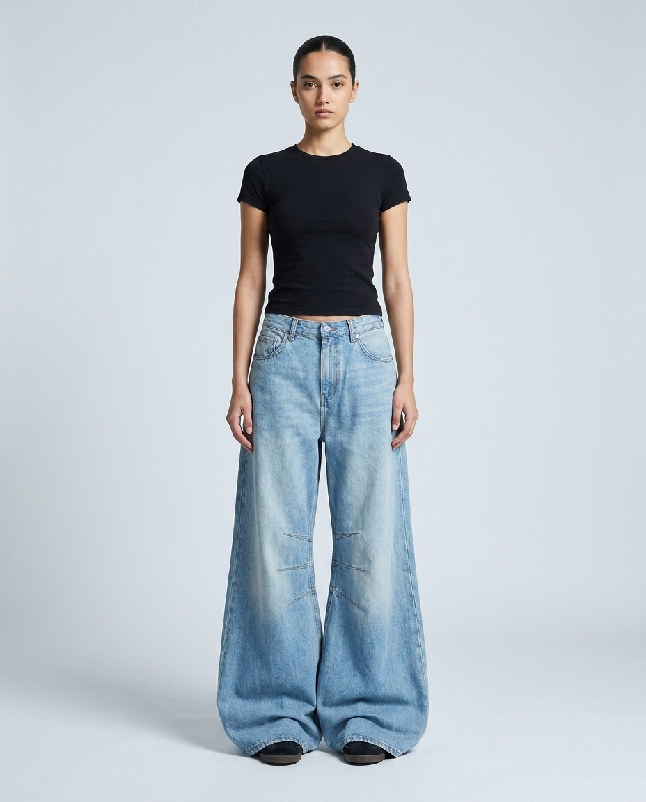Women's Baggy Jeans Powder Blue on model — mega baggy fit covering shoes