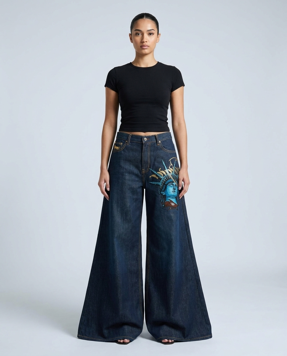 Women's Baggy Jeans Liberty Blue on model — mega baggy fit covering shoes