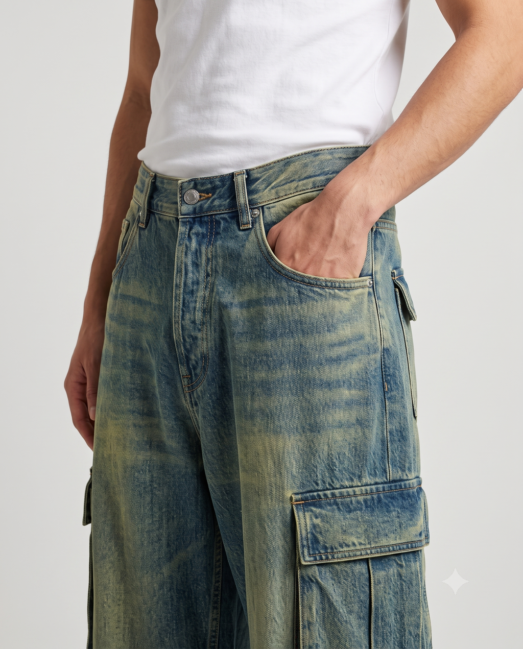 Big Easy Cargo Jeans Vintage Wash on model — waist and pocket detail