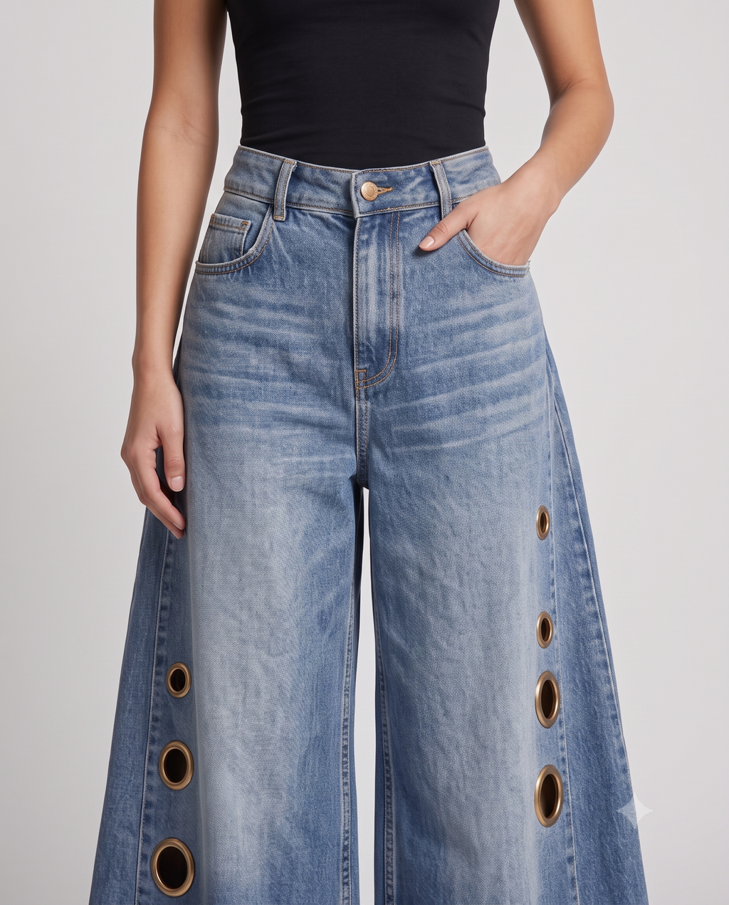 Women's Distressed Baggy Jeans Eyelet Fade on model — waist and pocket detail